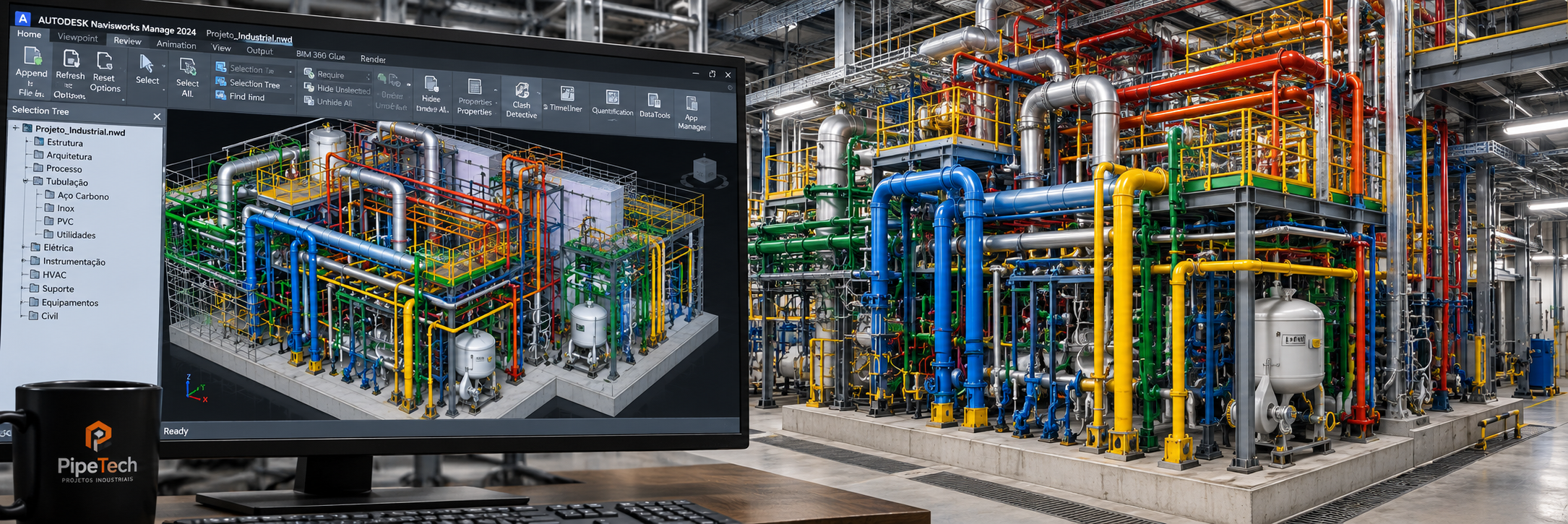 Modelo tridimensional com disciplinas de projetos industriais compatibilizadas