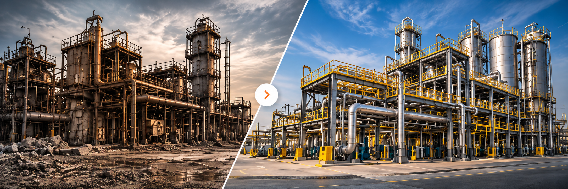 Comparação entre indústria antiga e instalação industrial revitalizada